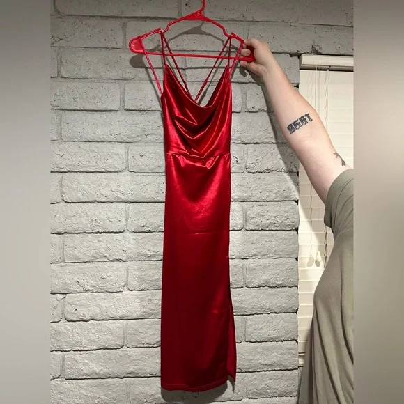 red satin dress windsor Windsor Long Red Dress Windsor Red Satin Spaghetti Strap Maxi Dress Side Slit Formal